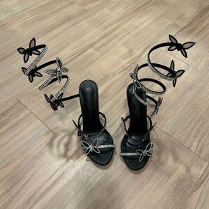 Black Rhinestone Flower Wrap heels